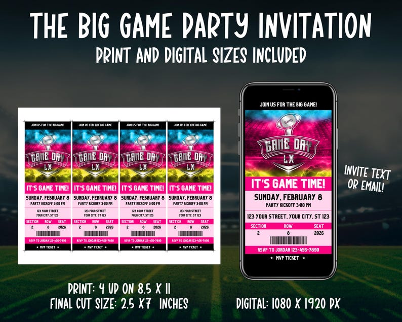 Może przedstawiać: Zaproszenie na imprezę Big Game z rozmiarami do druku i cyfrowymi. Projekt zawiera grafikę piłkarską z r&oacute;żowymi, niebieskimi i ż&oacute;łtymi akcentami. Zaproszenie zawiera szczeg&oacute;ły, takie jak data, godzina i miejsce.
