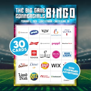 Puede incluir: Una tarjeta de Bingo para "The Big Game Commercials" con una cuadrícula de logotipos de empresas, incluyendo Bud Light, Toyota y Dove. La tarjeta está ambientada en un fondo de estadio e incluye el texto "30 Tarjetas" y "2026 Anunciantes Confirmados."