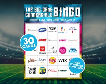 Big Game Commercial Bingo, Super Commercials Bowl Bingo, Football Bingo, Football Party Activity, Bingo Game, Football Printable