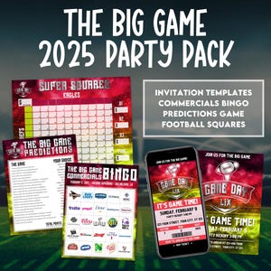 ビッグゲーム パーティー パック バンドル、スーパーコマーシャル ボウル ビンゴ、フットボール ビンゴ、フットボール パーティー アクティビティ、フットボール招待状、フットボール予測