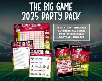 Big Game Party Pack Bundle, Super Commercials Bowl Bingo, Football Bingo, Football Party Activity, Football Invitation, Football Predictions