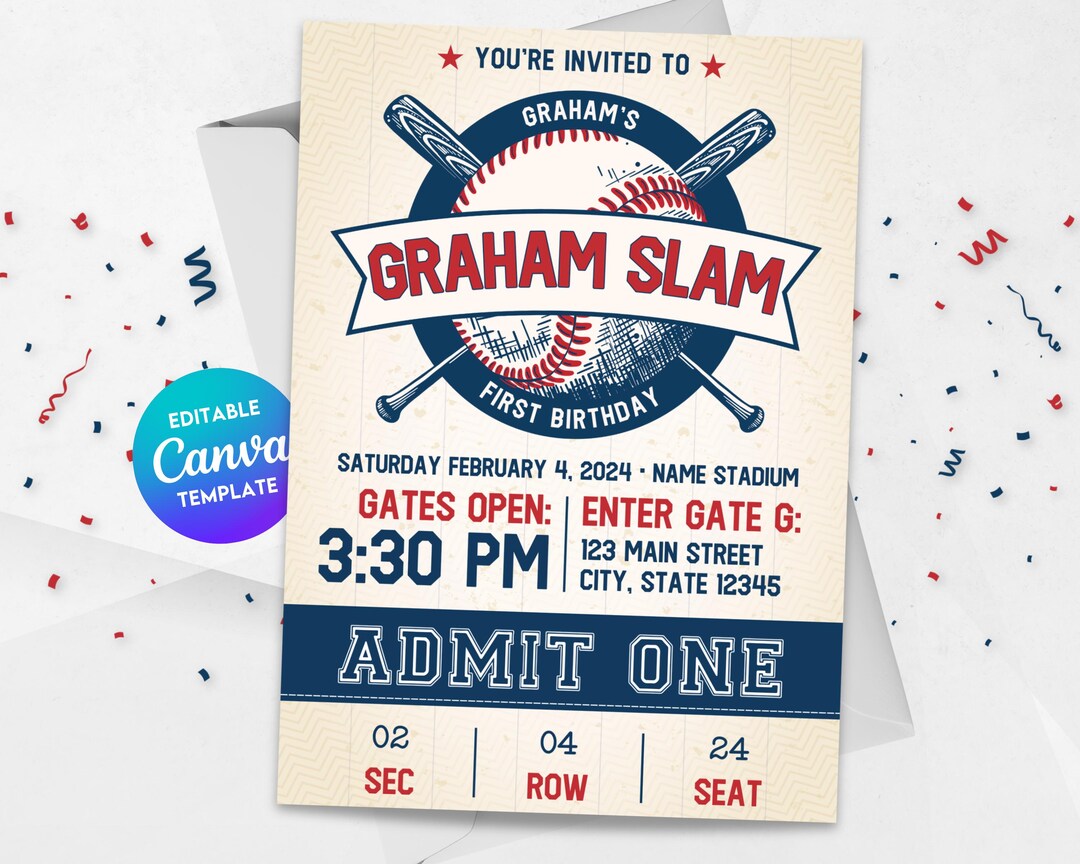 Baseball First Birthday Invitation, Baseball Birthday Party, Graham