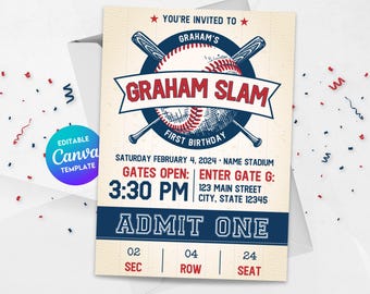 Baseball First Birthday Invitation, Baseball Birthday Party, Graham Slam Birthday, Baseball Birthday Invitation, Baseball Ticket Invitation
