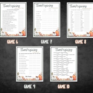 May include: Ten printable Thanksgiving game cards with a fall theme. The cards feature a pumpkin and fall leaves design. The games include: Thanksgiving Riddle Time, Thanksgiving Scattergories, Thanksgiving Word Scramble, Thanksgiving Trivia, and Thanksgiving Truth or Dare.