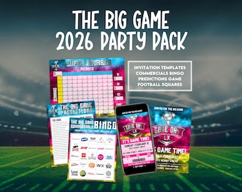 Big Game Party Pack Bundle, Super Commercials Bowl Bingo, Football Bingo, Football Party Activity, Football Invitation, Football Predictions
