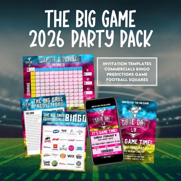 Big Game Party Pack Bundle, Super Commercials Bowl Bingo, Football Bingo, Football Party Activity, Football Invitation, Football Predictions