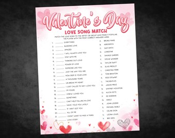 Valentine's Day Games, Valentines Love Song Match, Valentine's Fun Printable Games, Galentines Day, Valentines Party Games for Kids & Adults