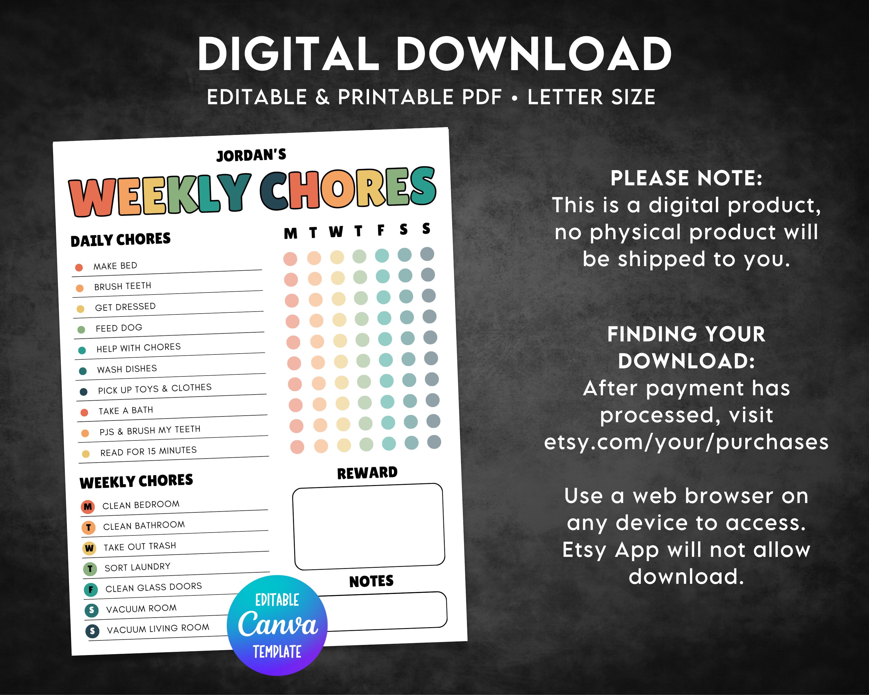 Editable Weekly Chore Chart for Kids, Printable Chore Chart, Kids Daily ...