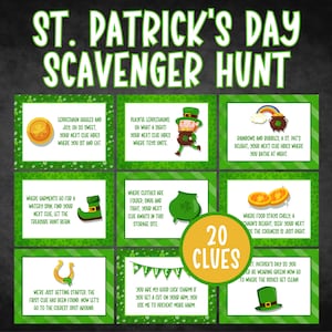 May include: A set of 20 St. Patrick's Day scavenger hunt clues with green shamrock and gold coin illustrations. The clues are printed on white cards with green borders.