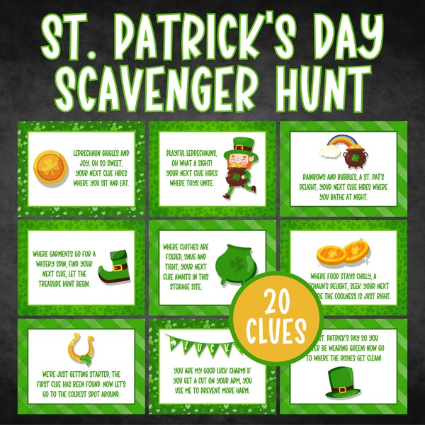 St Patricks Day Scavenger Hunt, St Patricks Day Treasure Hunt Printable, Leprechaun Treasure Hunt, Indoor Scavenger Hunt for Kids