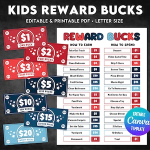 Editable Kids Reward Bucks, Mom Bucks, Chore Bucks, Play Money, Pretend Money, Classroom Cash, Reward System for Kids, Kids Chore Chart