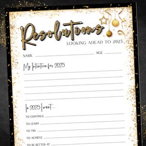 New Year Resolutions Printable, 2025 Resolution, 2024 End of Year, Year In Review, Self Reflection, New Years Eve Activity, New Years Party