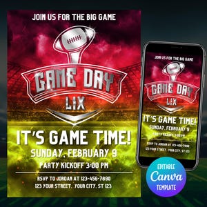 May include: A digital invitation for a football game, featuring a red, yellow, and green gradient background. The design includes a football graphic and the text "Game Day" and "It's Game Time!" on a flyer and a smartphone.