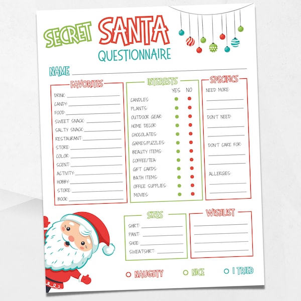 Secret Santa Questionnaire for Christmas Gift Exchange Printable, Secret Santa Form, Secret Santa Survey, Secret Santa for Work, Christmas