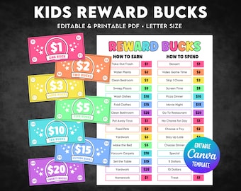 Editable Kids Reward Bucks, Mom Bucks, Chore Bucks, Play Money, Pretend Money, Classroom Cash, Reward System for Kids, Kids Chore Chart