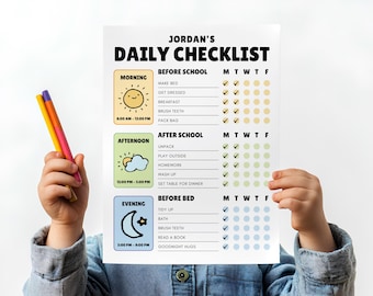Kids Daily School Checklist Schedule Printable, Editable Chore Chart, Daily Routine Responsibility Chart, Homeschool Planner To Do List