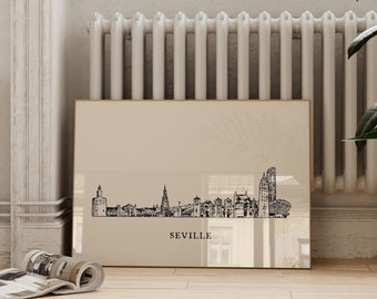 Seville City Skyline Wall Art, Printable Seville Spain Wall Decor, Modern Office Travel Art Print, Andalusia Spain Drawing Print