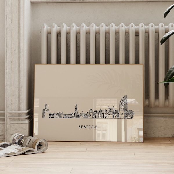 Seville City Skyline Wall Art, Printable Seville Spain Wall Decor, Modern Office Travel Art Print, Andalusia Spain Drawing Print