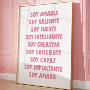 Arte de pared imprimible con afirmaciones en español en color rosa, decoración para habitación de niñas, arte de pared para aula, impresión de afirmaciones positivas, arte de pared para niños bilingües