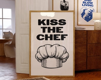 Retro Kitchen Wall Art, Printable Kiss The Chef Quote Print, Wall Art, Chef's Kiss Art Print, Funny Kitchen Print, Cute Kitchen Decor