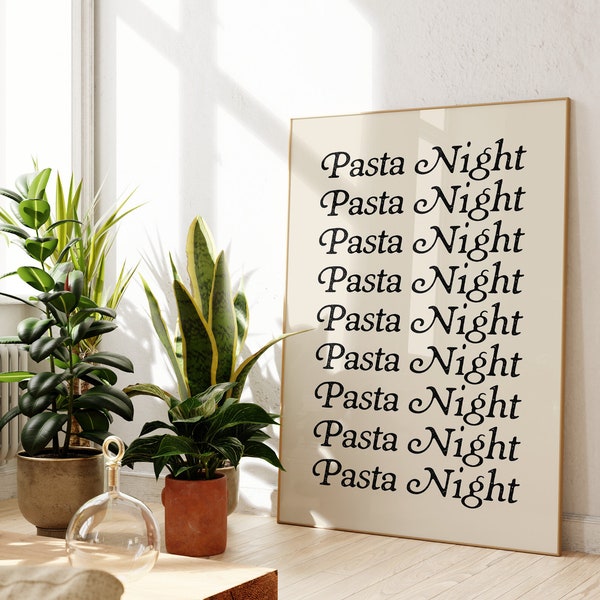 Pasta Night Zitat Wandkunst, druckbare Retro Küche Wanddekor, Spaghetti Food Art Print, Pasta Lover Print, trendige italienische Pasta Poster