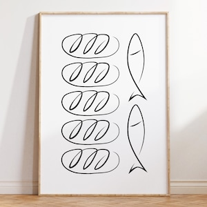 Jesus Feeds The 5000 Wall Art, Printable Christian Modern Art Print, Five Loaves of Bread and Two Fish, Matthew 14 Bible Verse Line Art