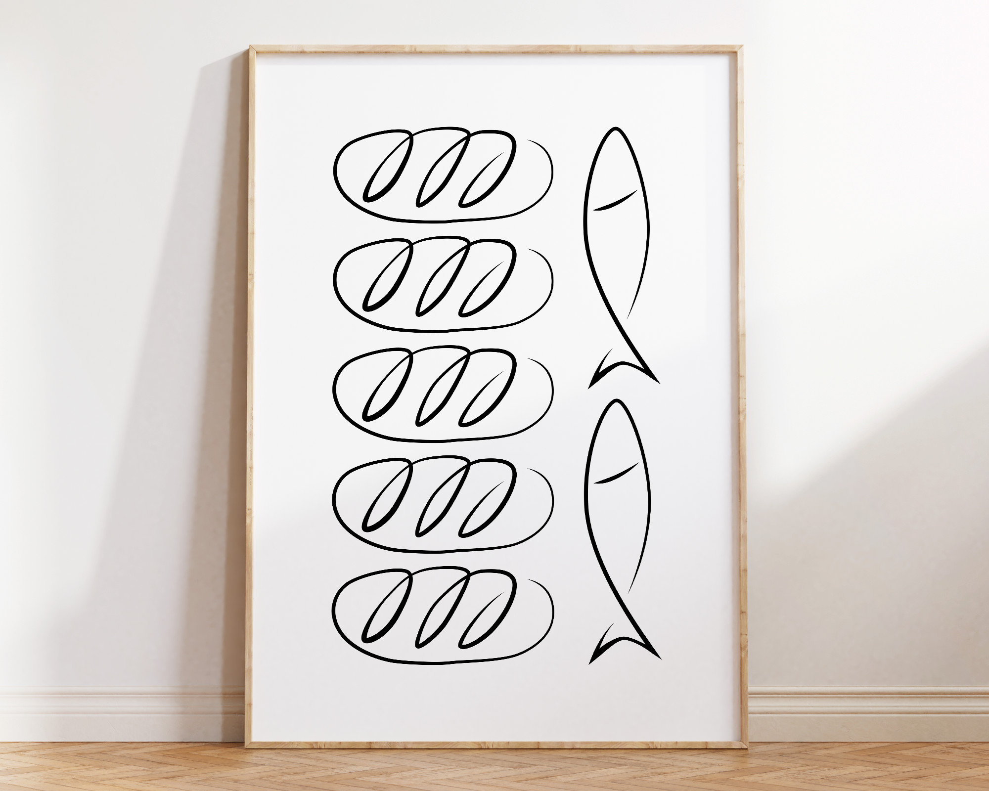 Jesus Feeds The 5000 Wall Art, Printable Christian Modern Art Print, Five Loaves of Bread and Two Fish, Matthew 14 Bible Verse Line Art