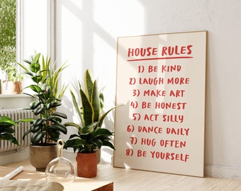 Retro House Rules Wall Art, Printable Trendy House Rules Wall Decor, Self Care Poster, Inspirational Art Print, Maximalist Aesthetic Print