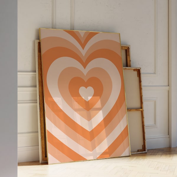 Orange Heart Wall Art, Printable Y2K Aesthetic Wall Decor, Retro Trendy Pastel Orange Art Print, Preppy Dorm Decor, Girls Room Decor