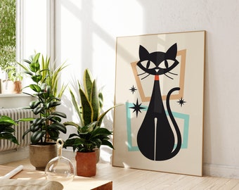 Mid Century Cat Print, Afdrukbare Retro Atomic Cat Wall Art, Moderne Kleurrijke Poster, Atomic Age Print, Black Cat Wall Art, Kids Room Decor