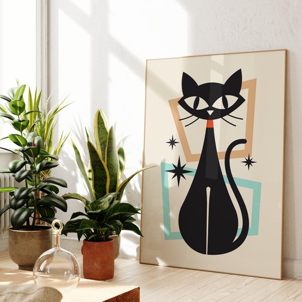 Impresión de gato de mediados de siglo, arte de pared de gato atómico retro imprimible, cartel colorido moderno, impresión de edad atómica, arte de pared de gato negro, decoración de la habitación de los niños