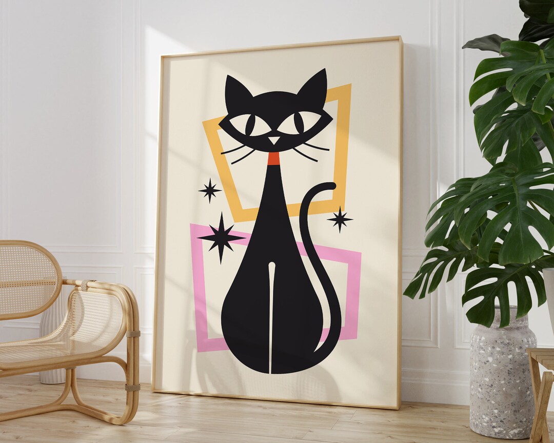 Mid Century Modern Cat Wall Art, Printable Retro Black Cat Art Print