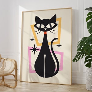 Mid Century Modern Cat Wall Art, Printable Retro Black Cat Art Print, Kids Room Decor, Colorful Atomic Cat Wall Decor, Vintage 60&#39;s Poster