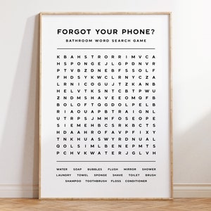 Bathroom Word Search Wall Art, Printable Forgot Your Phone Wall Decor, Funny Bathroom Sign, Word Search Game Art Print, Guest Bathroom Decor