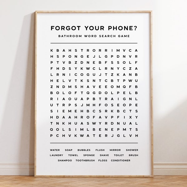 Bathroom Word Search Wall Art, Printable Forgot Your Phone Wall Decor, Funny Bathroom Sign, Word Search Game Art Print, Guest Bathroom Decor