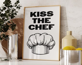 Retro Kitchen Wall Art, Printable Kiss The Chef Quote Print, Wall Art, Chef's Kiss Art Print, Funny Kitchen Print, Cute Kitchen Decor
