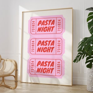 Arte de pared de noche de pasta, decoración de pared de boleto retro imprimible, impresión de arte de amante de pasta, cartel rosa caliente de moda, arte de pared de comida de espagueti de cocina