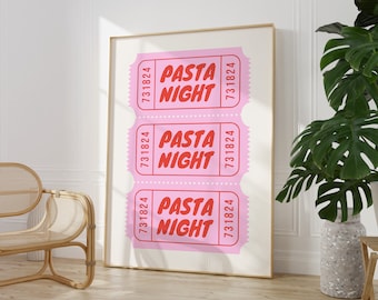 Pasta Night Wall Art, Printable Retro Ticket Wall Decor, Pasta Lover Art Print, Trendy Hot Pink Poster, Kitchen Spaghetti Food Wall Art