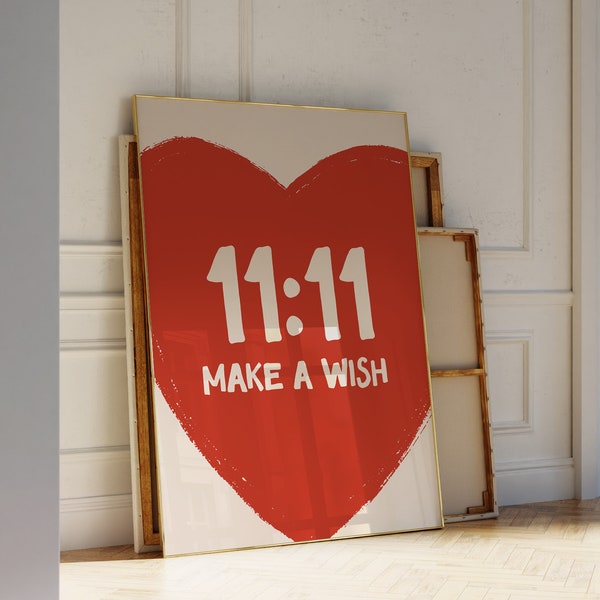 11:11 Heart Wall Art, Printable Lucky Number Wall Decor, Make A Wish Quote Art Print, Angel Number Print, Manifestation Wall Art