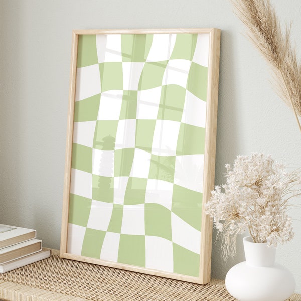 Sage Green Checkered Print, Trendy Printable Danish Pastel Wall Decor, Wavy Aesthetic Wall Art, Retro Groovy Poster, 70's Abstract Art Print