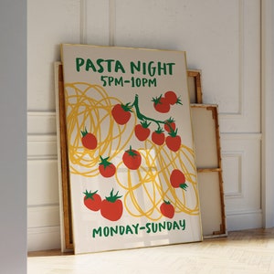 Lámina artística de noche de pasta, arte de pared imprimible de espaguetis, póster de comida retro, impresión de amante de la pasta, arte de pared de cocina vintage, impresión de arte maximalista