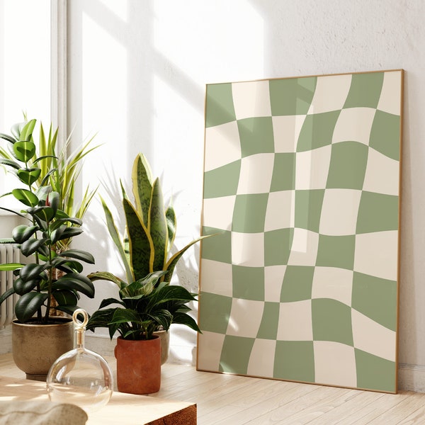 Green Checkered Wall Art, Printable Retro Checkered Wall Decor, Wavy Abstract Art Print, Trendy Checkerboard Poster, Preppy Room Decor