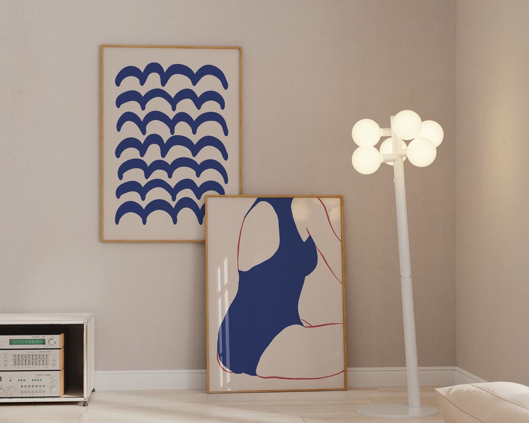 Navy Blue Beach Wall Art, Printable Set of 2 Prints, Coastal Wall Art