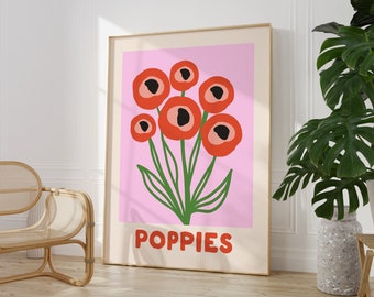 Poppies Wall Art, Printable Flower Market Art Print, Poppy Flower Poster, Colorful Floral Print, Botanical Wall Art, Trendy Pink Wall Art