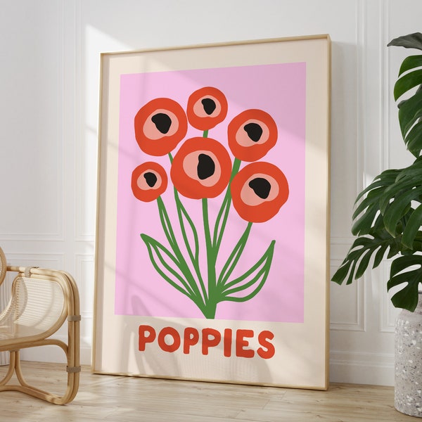 Poppies Wall Art, Printable Flower Market Art Print, Poppy Flower Poster, Colorful Floral Print, Botanical Wall Art, Trendy Pink Wall Art