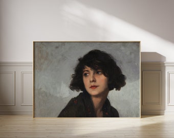 Spanish Woman Painting, Printable Brunette Woman Portrait Wall Art, Vintage Mediterranean Print, Moody Female Portrait Art Print
