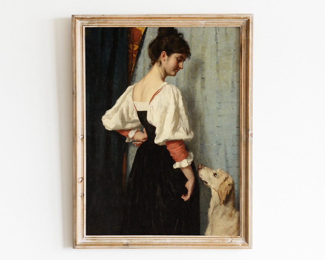 Woman and Dog Painting, Printable Woman Portrait Wall Art, Vintage Dog ...