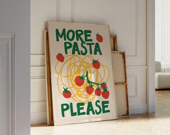 Pasta Nacht Wandkunst, druckbare Retro Spaghetti Kunstdruck, Maximalist Wanddekor, Retro Essen Poster, Funnz Küchen Wandkunst, Pasta Druck