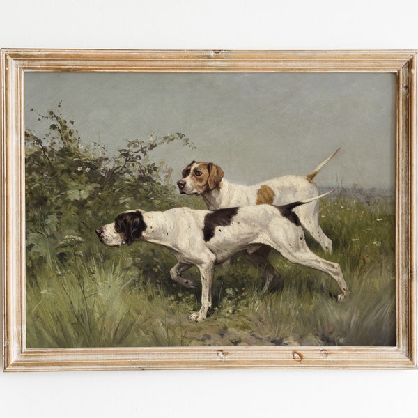 Vintage Dogs Oil Painting, Printable English Pointers Wall Art, Antique Animal Portrait, Rustic Pet Art Print, Instant Digital Download