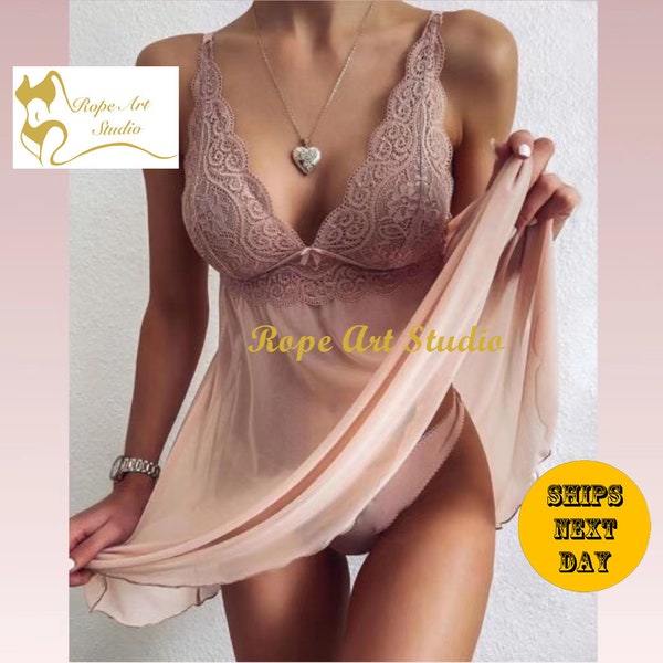 Sexy Satin Lace Sleepwear For woman/ Nightgowns+Thong/ Sexy Lingerie/ Ladies Sexy Lace Spaghetti Strap Sleepwear/ female Nightdress